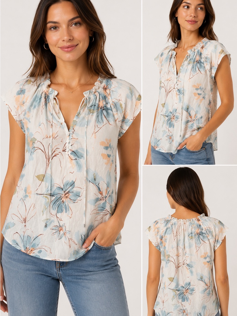 PARKER Floral Tie-Neck Cap Sleeve Top